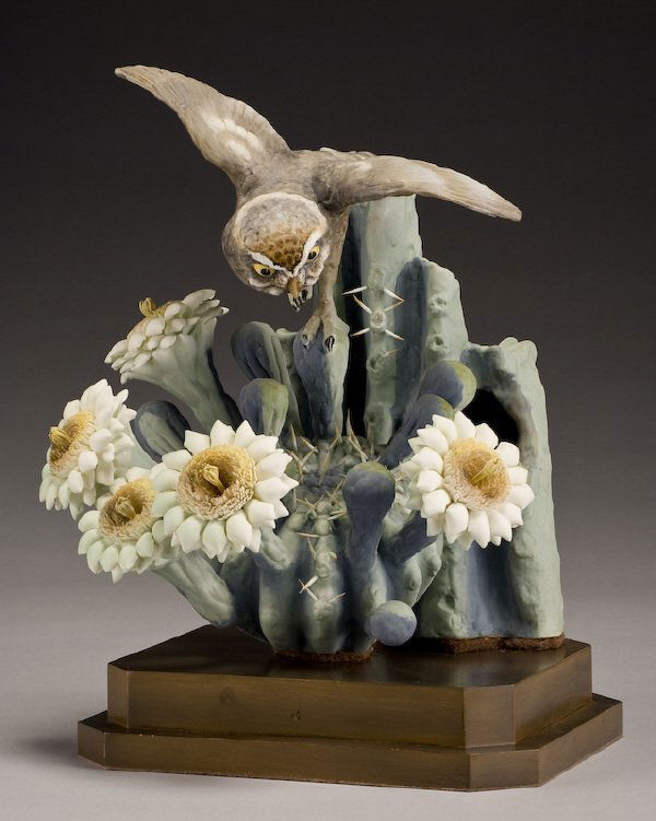 Dorothy Doughty porcelain bird, "Midnight Elf Owl": on Saguaro cactus, marked, "Micropallus Whittneyi Whittneyi", stamped for Royal Worcester, signed, "D. Doughty" on base. Includes custom wood crate. Provenance: Estate of K.S. "Boots" Adams, Sr.; Form