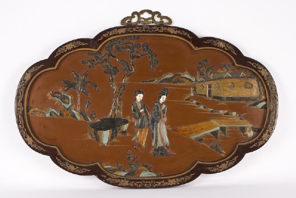 Chinese lacquered screen with red ground depicting: ladies in a garden. 24.75"H x 36"W x 1.25"D, Circa - Early 20th C.
