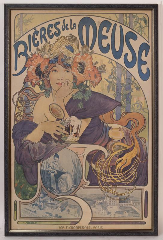 After Alphonse Mucha "Bieres de la Meuse" colored: lithograph. Designed by Alphonse Mucha. Printed by F. Champenoius, Paris. Site: 50"H x 32.5"W.