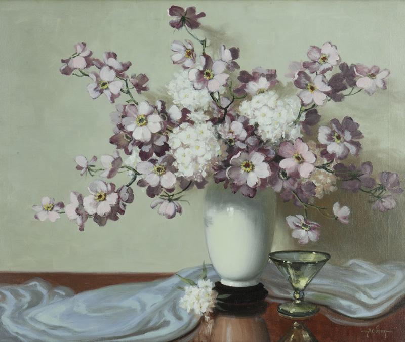 A.D. Greer "Untitled (Dogwood blossoms)" oil: on canvas. Signed lower right, "A.D. Greer". Site: 24.5"H x 29.5"W; Frame: 31.5"H x 36.5"W. PROVENANCE: J.J. Gillespie Gallery, Pittsburgh, PA (label to verso). A.D. Greer (American, 1904-1998).