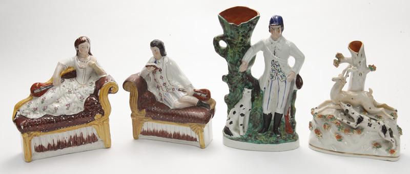 (4) Pcs. Staffordshire figural group,: including: (2) bud vases; (2) reclining figures. PROVENANCE: From the Vivian Young and Lady Primrose's Collection, Dallas, TX. Tallest: 11.5"H, Circa - 19th C.