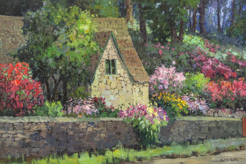 Kent Wallis "Untitled (Cottage & garden)" oil: on canvas. Signed lower right, "Kent Wallis". Canvas: 40"H x 60"W; Frame: 48"H x 68"W. Kent R. Wallis (American, b. 1945).