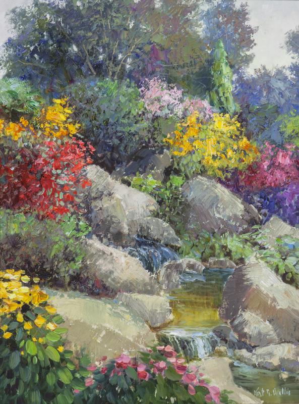 Kent Wallis "Rock Garden" oil on canvas.: Signed lower right, "Kent Wallis". Canvas: 40"H x 30"W; Frame: 50.5"H x 40"W. Kent R. Wallis (American, b. 1945).