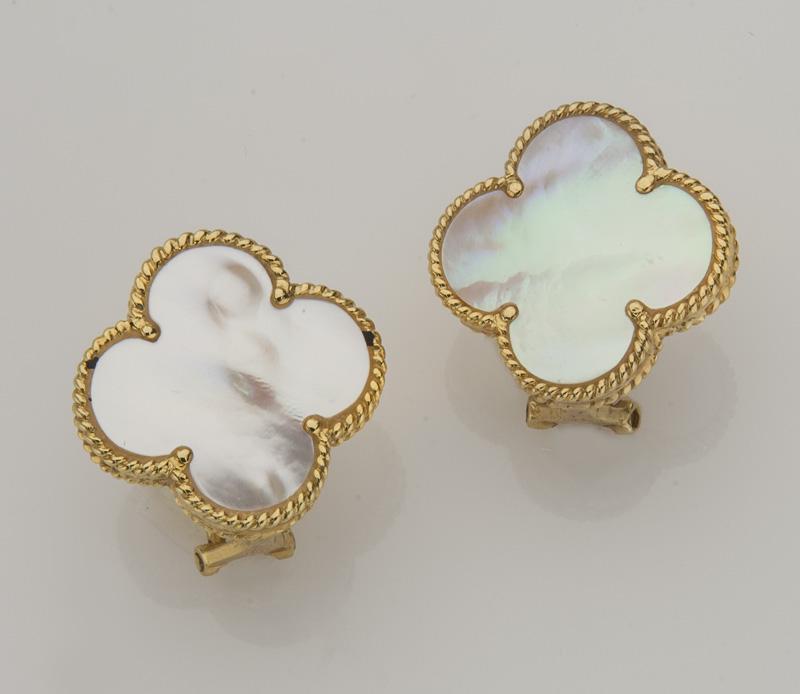 14K Yellow gold mother-of-pearl earrings.: In the style of Van Cleef & Arpels Alhambra. Marked, "750". .75"H,
