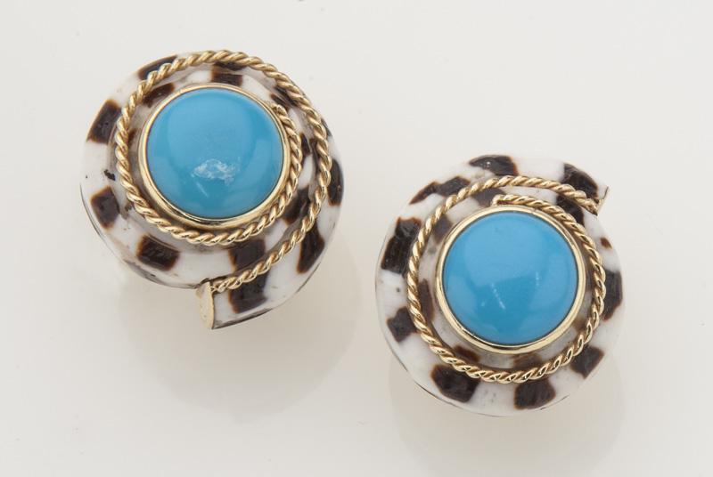 Pr. 14K shell and turquoise earrings,: marked, "MAZ". .75"H,