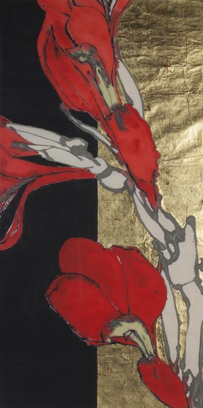 Robert Kushner "Canna" ink, acrylic, & metal leaf: on handmade Japanese paper, 1990. Signed and dated lower right, "Robert Kushner 90". Paper: 74"H x 37.5"W; Frame: 80"H x 43.5"W. PROVENANCE: Collection of J.C. Penney Company, represented by Russell T