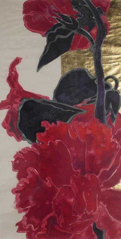 Robert Kushner "Red Hollyhock" ink, acrylic,: and metal leaf on handmade Japanese paper, 1990. Signed and dated lower right, "Robert Kushner 90". Paper: 74"H x 37.5"W; Frame: 80"H x 43.5"W. PROVENANCE: Collection of J.C. Penney Company, represent