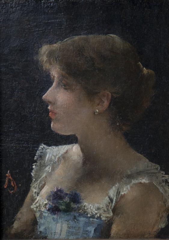 Alfred Stevens "Un Bleuet" oil on board.: Signed lower left side with insignia. Board: 7"H x 5"W; Frame: 11.5"H x 10"W. Alfred Stevens (Belgian, 1823-1906).