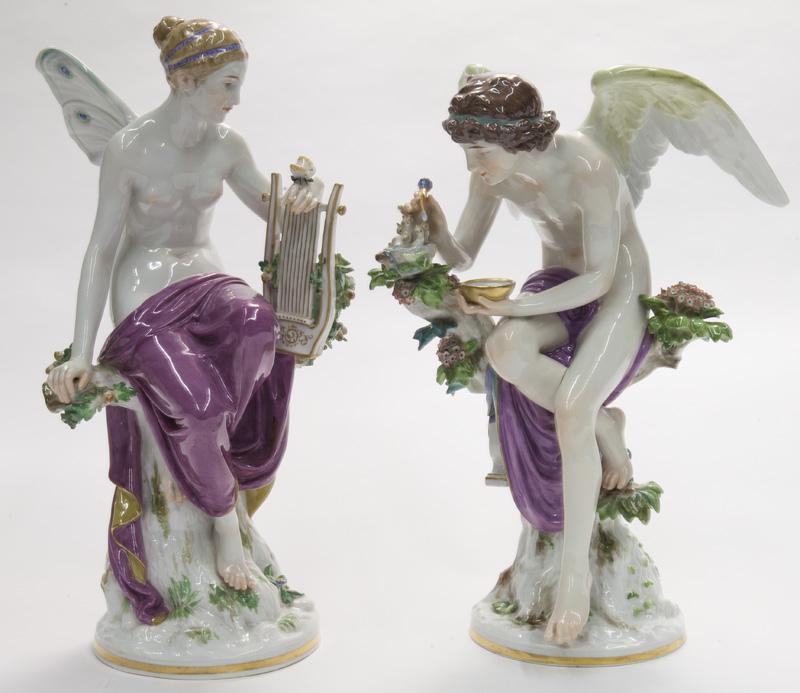 Meissen porcelain Cupid & Psyche,: each with cross swords mark in blue underglaze. 14"H, Circa - 19th C.
