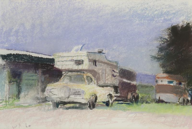 Wolf Kahn "Trucks & Horse Trailers" pastel: on paper. Signed lower left, "W. Kahn". Sheet: 12"H x 18"W; Frame: 19"H x 25"W. PROVENANCE: Lot 1161 of Christie's sale held on December 4, 2002 (lot tag to verso). Fine Arts Collection of the William