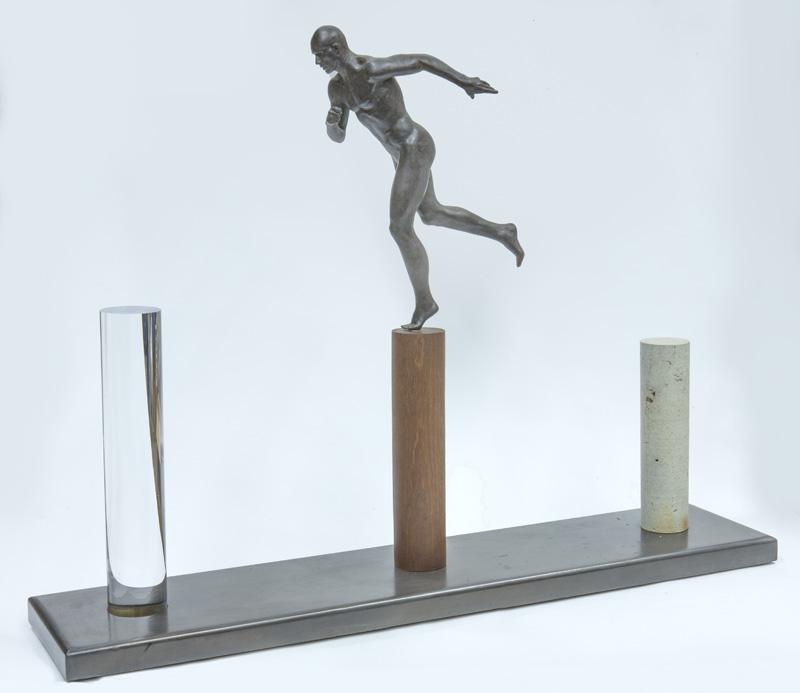 Lorenzo Quinn "Leap of Faith" bronze, wood,: acrylic, and granite. Signed and numbered to figure, "Lorenzo 2/25". Overall: 33.5"H x 43.5"W x 10"D. Lorenzo Quinn (Italian, b. 1966).