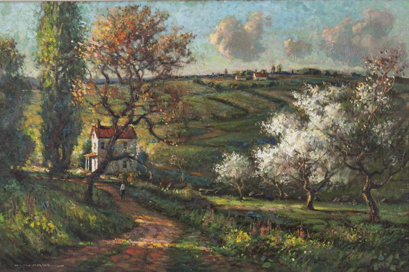 Wayne Morrell "Sunlight Orchard in May" oil: on canvas. Signed lower left, "Wayne Morrell". Canvas: 24"H x 36"W; Frame: 29"H x 41.25"W. NOTE: Verso with handwritten note, "Painted in Spring 1969 / Sunlit Orchard in May / Hampton Falls, N.H. / at