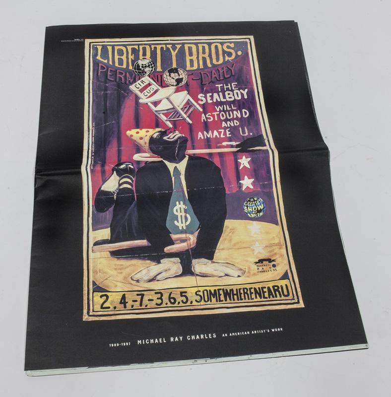 Michael Ray Charles exhibition catalogue, 1997.: folio, Packet is enclosed in the original flour sack, used at both the Tony Shafazi Gallery and the Blaffer Gallery