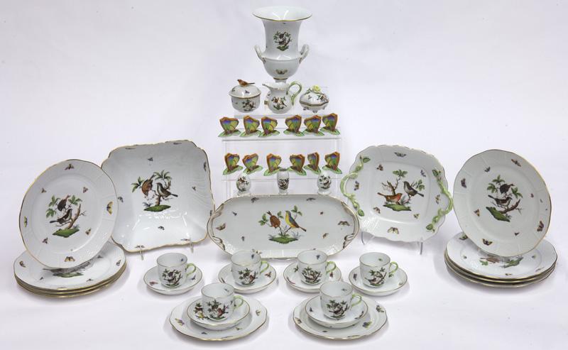 (32) Pcs. Herend Rothschild Bird pattern partial: dinner service, comprising: (1) urn; (1) centerpiece bowl; (2) bread plates; (8) dinner plates; (1) handled square serving tray; (1) handled oblong tray; (6) teacups and saucers; (1) creamer; (1) suga