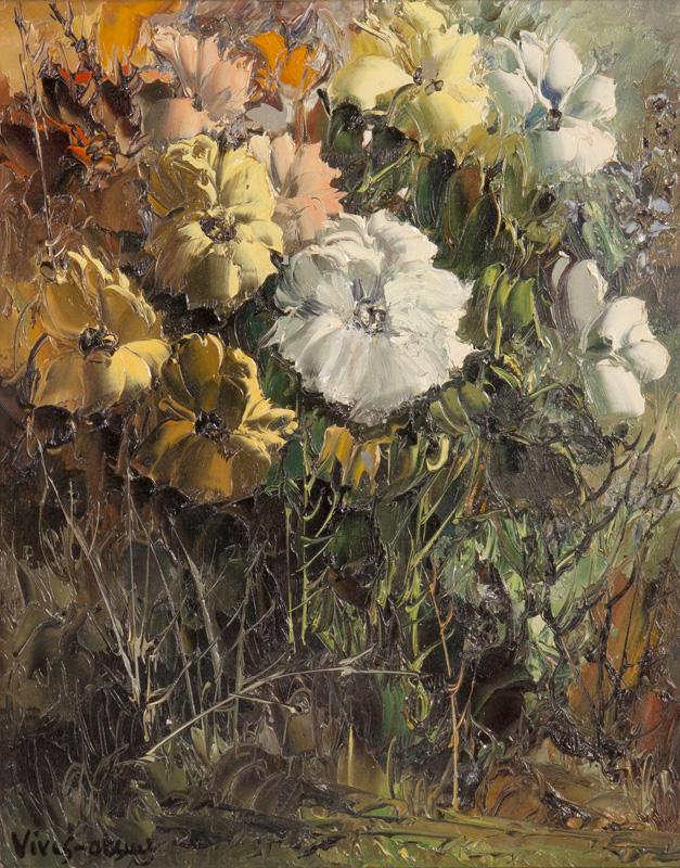 Jose Vives-Atsara "Wild Flowers" oil on board.: Signed lower left, "Vives Atsara". Site: 9.25"H x 7.5"W; Frame: 17.5"H x 15.25"W. Jose Vives-Atsara (Texan/Spanish, 1919-2004).