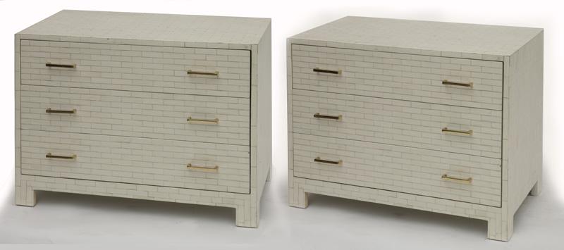 Pr. Large contemporary veneered bedside chests,: rectangular top over three long drawers with gilt metal handles raised on square feet, with rectangular faux bone tile veneer. 25"H x 32.75"W x 18"D, Circa - 20th C.