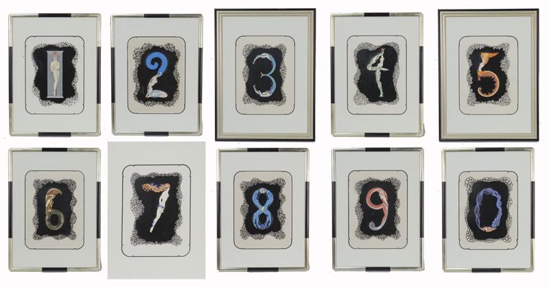 (10) Erte "Numbers" serigraphs, complete suite.: Each signed lower right, "Erte" and numbered lower left, "16/350". Image: 16.5"H x 12"W; Sheet: 22.5"H x 17.75"W. Together with box portfolio and certificates. Number "7" unframed. PROVENANCE:From an