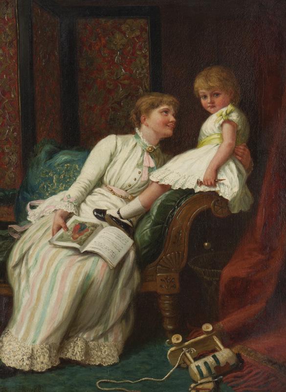Jane M. Bowkett "Story Time" oil on canvas: Signed lower left, "Jane M. Bowkett". Canvas: 24"H x 18"W; Frame: 32"H x 27"W. PROVENANCE: Schillay & Rehs Inc., New York, NY (label to verso). Jane Maria Bowkett (British, 1837-1891).