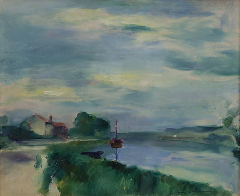 Henri Ottmann "River Scene on the Oise" oil: on canvas. Signed lower right, "Henri Ottmann". Canvas: 15"H x 18.25"W; Frame: 20.75"H x 24"W. Henri Ottmann (French, 1877 - 1927).