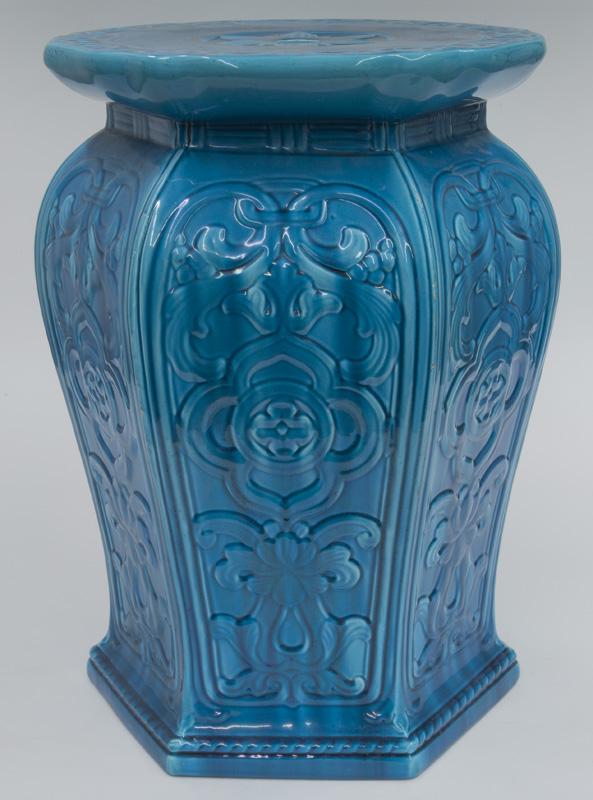 Minton garden stool,: in blue glaze, shaped top with central flower medallion over hexagonal base with rounded shoulder and scrolling floral design. 21"H x 14" Dia., Circa - Late 19th C.