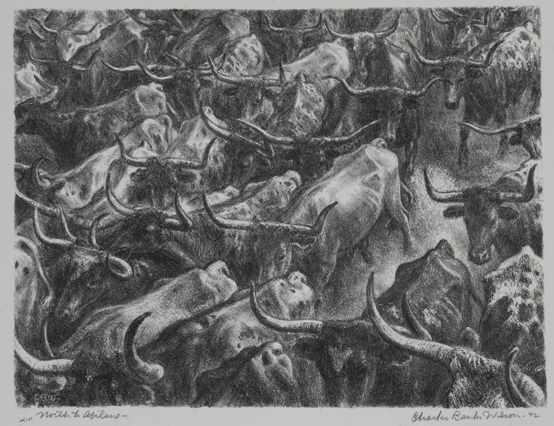 Charles Banks Wilson "North to Abilene": lithograph. Numbered and tilted lower left, "Ed. 100 North to Abilene". Signed and dated lower right, "Charles Banks Wilson '92". Image: 9.75"H x 12.75"W; Sheet: 14.75"H x 16.75"W. PROVENANCE: Lot 304