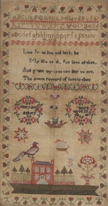 English needlework signed sampler.: Sampler: 18.5"H x 10"W; Frame: 21"H x 12.5"W. PROVENANCE: Sotheby's Beverly Hills (label to verso). Las Angeles County Museum of Art Exhibition "Samplers and Samplemakers" held from November 1991 thro