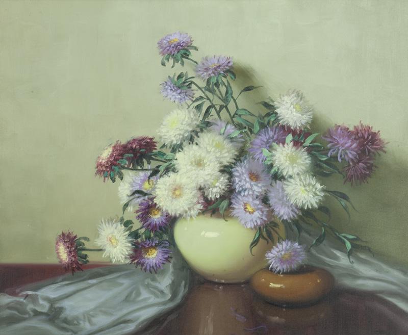 A.D. Greer "Untitled (Chrysanthemums)" oil: on canvas. Signed and dated lower right, "Greer 10.20.46". Site: 29.25"H x 35.5"W; Frame: 35.5"H x 41.5"W. A.D. Greer (American, 1904-1998).