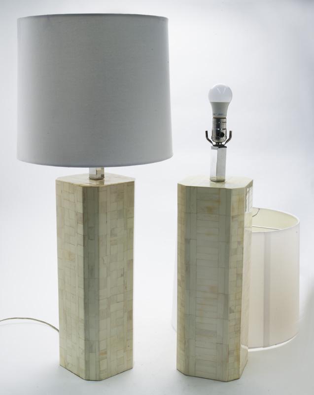 Pr. Contemporary veneered lamps,: with rectangular canted corner base and faux bone tile veneer.