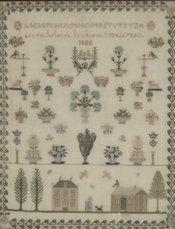 French needlework sampler.: Site: 15.75"H x 12.25"W; Frame: 17.75"H x 14"W. Made in Rouen, France. PROVENANCE:M. Finkel & Daughter, Philadephia, PA (label to verso). Circa - 1822.