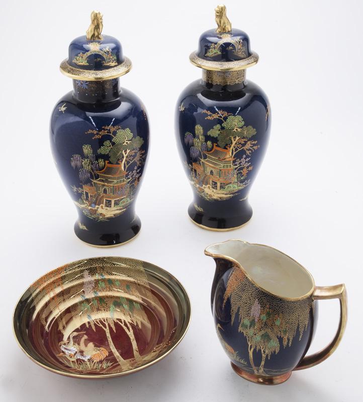 (4) Carlton Ware table articles,: including: (2) lidded urns; (1) creamer; (1) bowl in the Rouge Royale pattern. Each marked to underside for Carlton Ware. Urns: 15.5"H over finial,