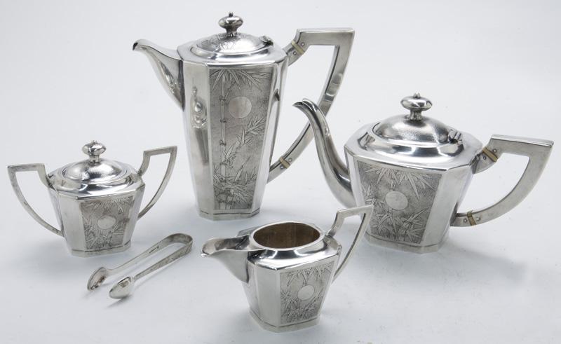 (5) Pcs. Chinese Republic sterling silver coffee: set, including: (1) coffee pot; (1) tea pot; (1) creamer; (1) sugar and (1) sugar tongs, decorated with bamboo and moon motif. Each marked for sterling. 43.60 ozt. Made in Hong Kong. Circa - Early 20t