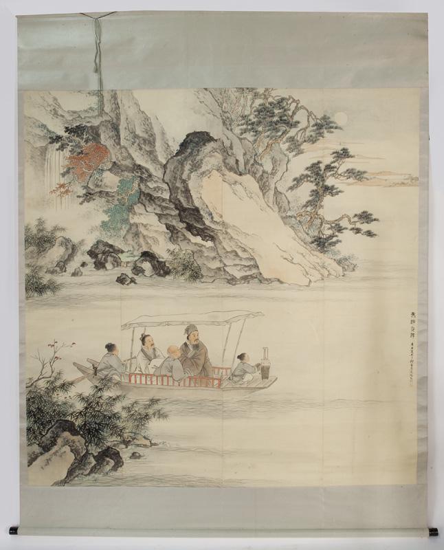 Chinese watercolor scroll by Qian Xiang Yan,: depicting scholar Su Shi with friend seated on a boat visiting Chi-Bi in Yangtze River. Site: 66"H x 67"W (without mounting), Circa - 1961.