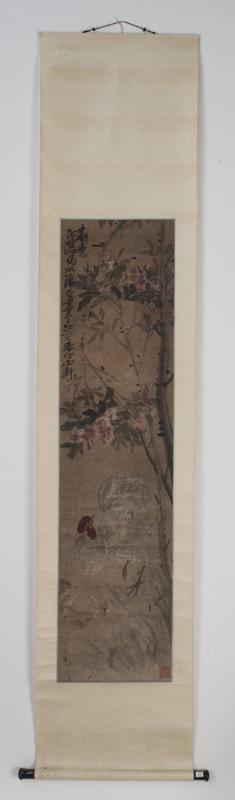 Chinese watercolor painted scroll: by Wang Yufu (1907-1974), depicting a rooster standing under a tree having three seals. Site: 53.25"H x 13"W,