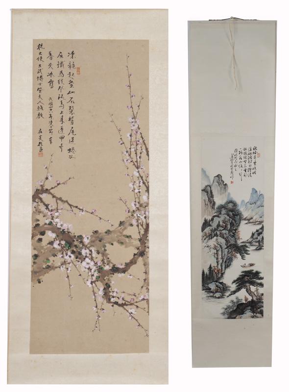 (2) Chinese watercolor painted scrolls,: (1) Landscape by Yan Meng Zhou. Dated 1985. Site: 38.5"H x 13"W; (1) Tiger by Wu Zai Yan (1911-2001). Dated 1957. Site: 38.5"H x 13.25"W. PROVENANCE: From the Estate of Hang Li Wu (1903-1991), the for