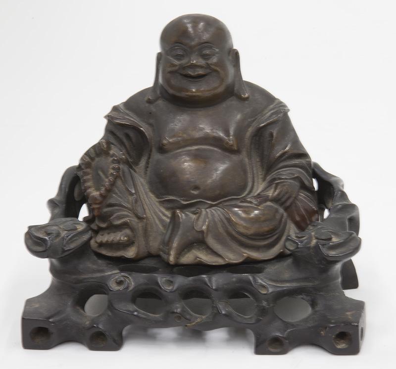 Chinese late Qing lacquer ware Maitreya Buddha,: seated on a hardwood throne, one hand holding prayer beads, the other hand holding a bag. Marked, "Made in Foochow. C. and Hualin Company Foochow China". Without stand: 4"H; Overall: 5.5"H, Circa - 19