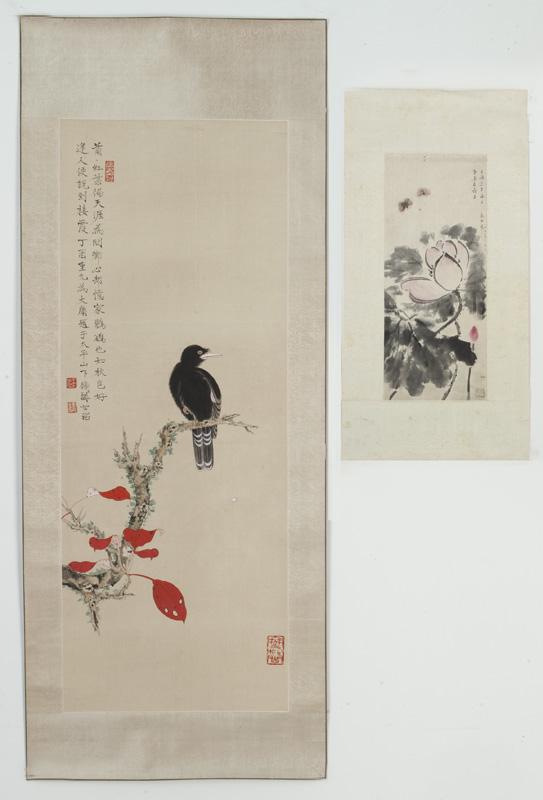 (2) Chinese watercolor painted scrolls,: (1) depicting a myna bird standing on a tree. Signed by Wang Shi Zhao (1914-1985). Dated 1957. 34.5"H x 13"W. (1) depicting lotus blossom. Signed by Ling Shu Hua (1900-1990). Dated 1952. 14.25"H x 6"W