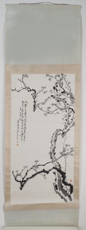 Chinese watercolor painted scroll by Tao Ji,: depicting plum blossoms. Dated 1961 at Hong Kong. PROVENANCE: From the Estate of Hang Li Wu (1903-1991), the former Minister of the Education Department of the Republic of China. Site: 52"H x 26"W,