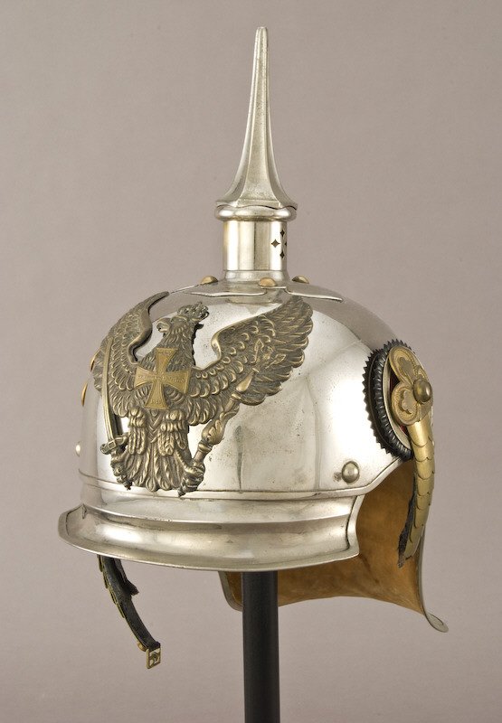Prussian Jaeger Zu Pferde officer's helmet: with "lobster tail" neck guard. The leather holding the brass chin scales broken but all pieces present and parts of liner present. 12"H x 10.5"L, Circa - 1900.