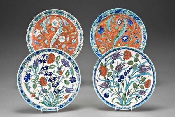 (4) Theodore Deck "Isnik" ceramic chargers.: Impressed circular factory mark, painted mark, "TH DECK". Theodore Deck (French, 1823-1891). Red ground: 11.75" Dia, Circa - 19th C.