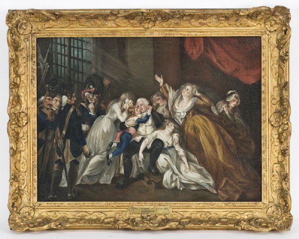 Follower of Emile Jean Horace Vernet oil painting: on canvas, depicting an interior scene portraying the arrest of Louis XVI. Canvas: 17.5"H x 23"W; Frame: 22"H x 8"W. Signed lower right, "Vernet". Emile Jean Horace Vernet (French, 1789-1863). Re-line