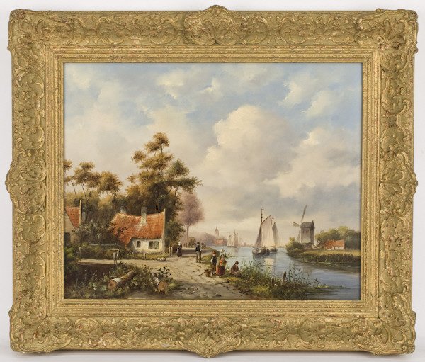 Jan Jacob Coenraad Spohler oil painting on panel,: depicting a summer river landscape with windmill in background. Panel: 15.75"H x 19.75"W; Frame: 22"H x 25.75"W. Signed lower left, "J. J. Spohler". Jan Jacob Coenraad Spohler (Dutch, 1837-1923). Circ