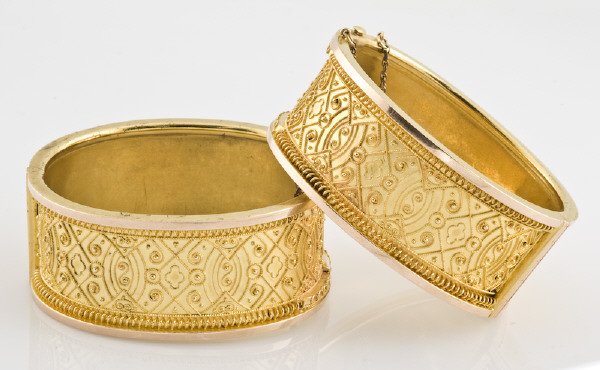 Pr. Victorian 24K gold plate on copper bracelets: with intricate granulation and wirework decoration, safety chain.Both stamped, "Pat Oct 14 1879 Pat May 11 1890". 63.6 grams. 6.0" and 6.5", 1"W, Circa - 1890.