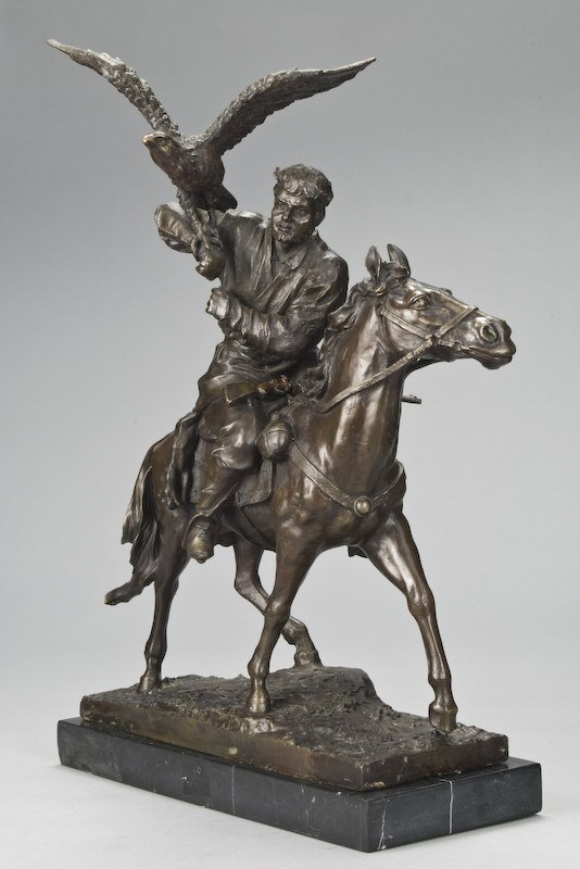 After Christophe Fratin bronze sculpture: of the falconer, modeled as a hunter on horseback with a falcon on his arm, a gun across his lap and a cougar strapped to his saddle. Signed on base, "Fratin." Christophe Fratin, (French, 1801-1864). 