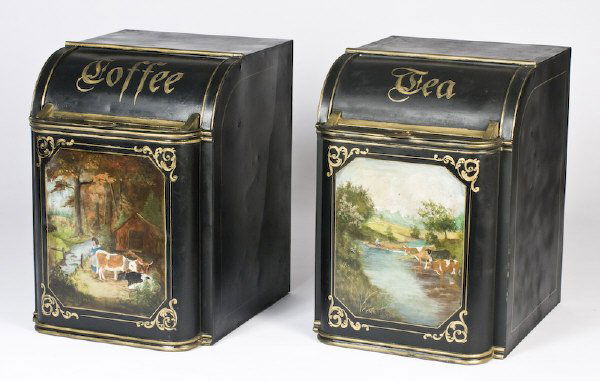 Pr. country store tin coffee and tea bins: Large store bins with curved front lift doors, exterior paint recently updated with lovely bovine pastoral scenes. Each: 26.5"H x 19"W x 23"D, Circa - Late 19th C.