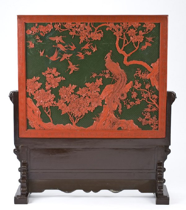 Chinese carved cinnabar lacquer screen: depicting birds and plants, symbols of five moral human relations. Provenance: The collection of Derrill Osborn. Screen: 31"H x 37"W; Stand: 16"H x 39"W, Circa - 20th C.
