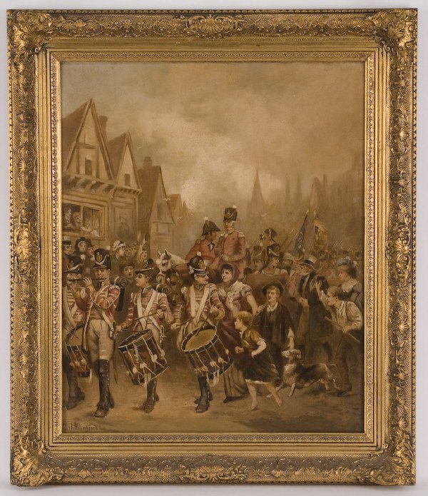 Robert Alexander Hillingford oil painting: on canvas, depicting a military march through town. Canvas: 22"H x 18"W; Frame: 27.25"H x 23.5"W. Signed lower left, "R. Hillingford". Robert Alexander Hillingford (British, 1825-1904). Re-lined. Prov