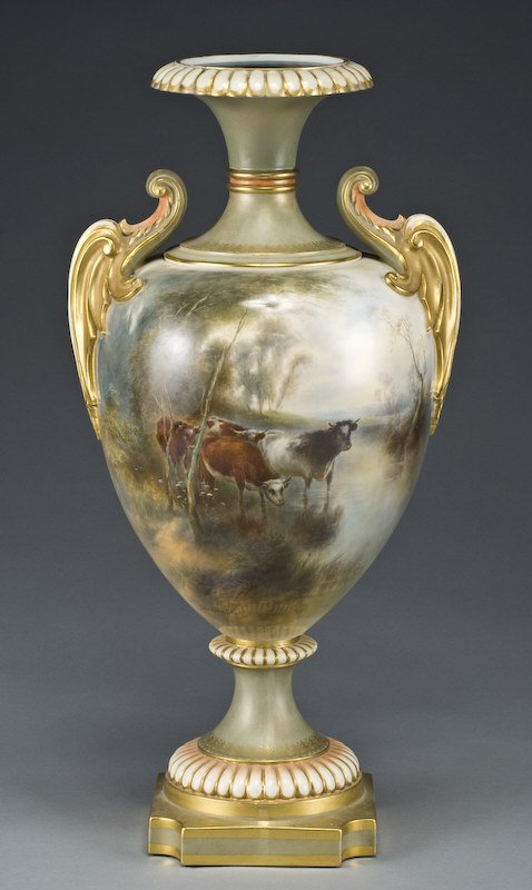Large Royal Worcester porcelain urn of baluster: form the neck and foot painted a muted green with peach highlights, the two gilt handles centering a hand painted reserve depicting cattle near the river's edge. Reserve signed, "John Stinton". Puce R