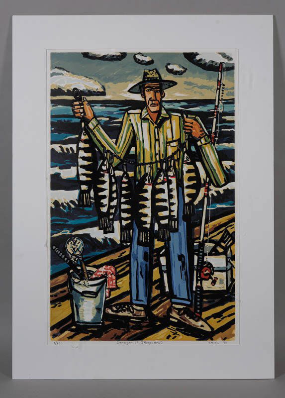 David Bates (Am. 1952-), colored lithograph: Stringer of Sheeps Heads, ed. 7/40, 38"H x 24"W, signed lower right: Bates 94