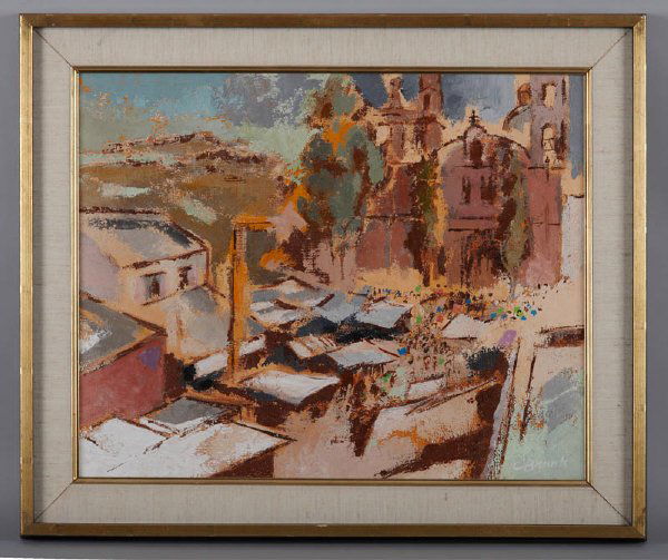 Cynthia Brants (Am. 1924-1970), acrylic on board: Study in Orange - San Miguel, 16"H x 20"W, Frame: 20"H x 24"W, signed lower right: C Brants