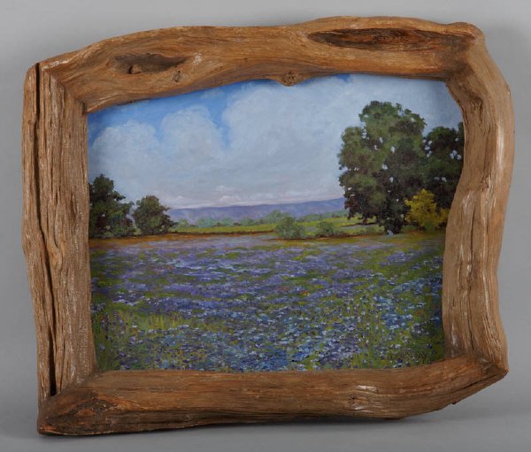 Jesse Don Rasberry, oil on board: Bluebonnet Landscape, 14"H x 18"W, Frame: 18"H x 23"W, signed lower right: JD Rasberry